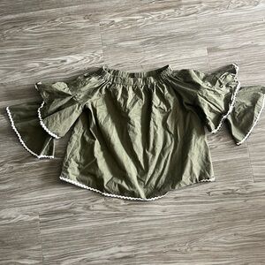 Olive Green Off-Shoulder Top with Riff Raff Edging & Tiered Sleeves